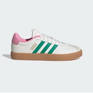 Adidas White Sneakers with Green Stripes and Pink Accents